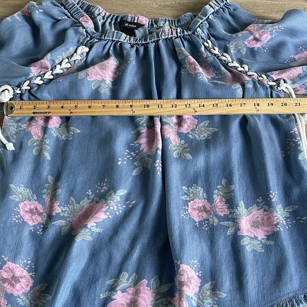 Ali Miles Off The Shoulder Floral Chambray Tunic XL Rope Tie Fray Hem Cottage - Picture 4 of 11
